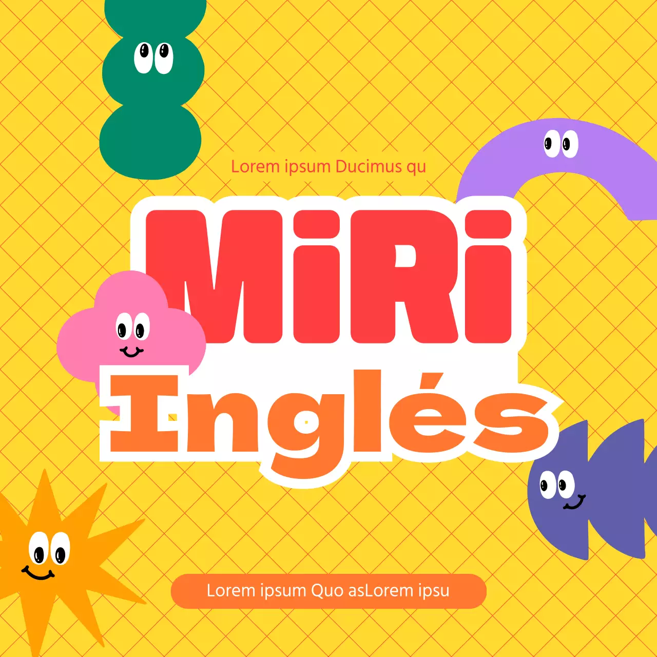 Presentación de una escuela de inglés de primaria con un concepto colorido y formas simpáticas.