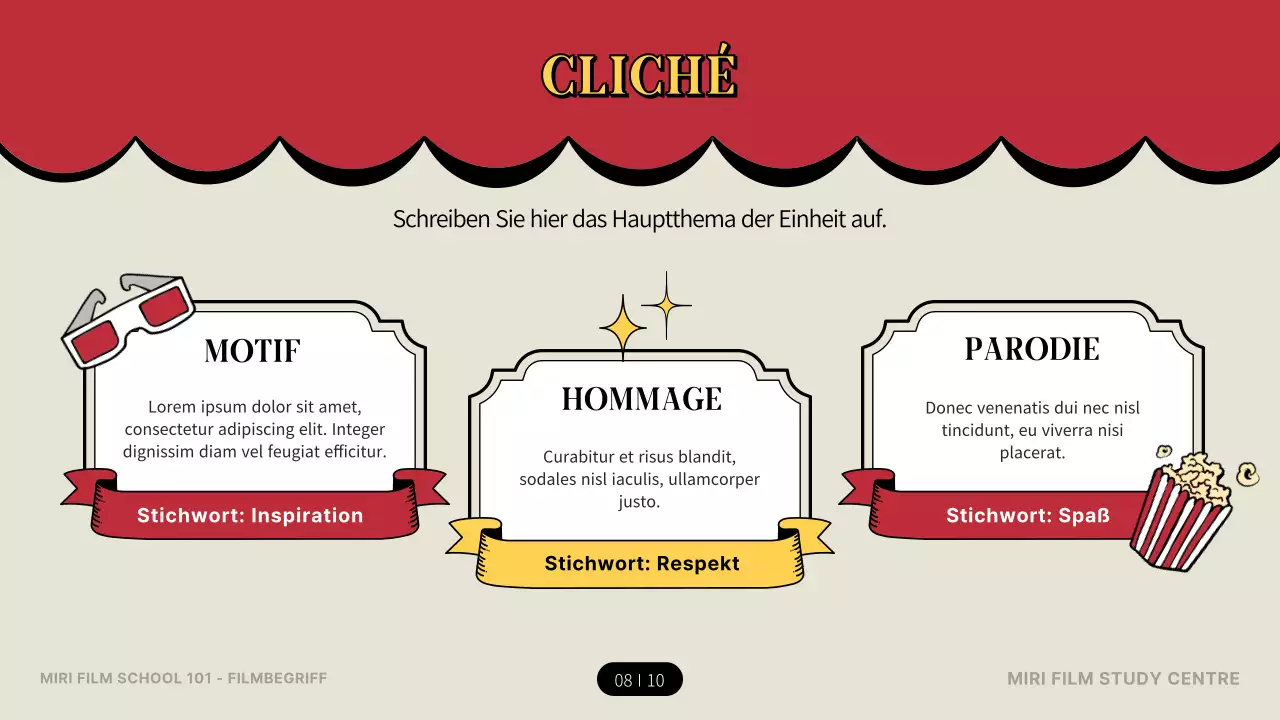 Einführung in die Filmterminologie im roten und gelben Theaterkonzept