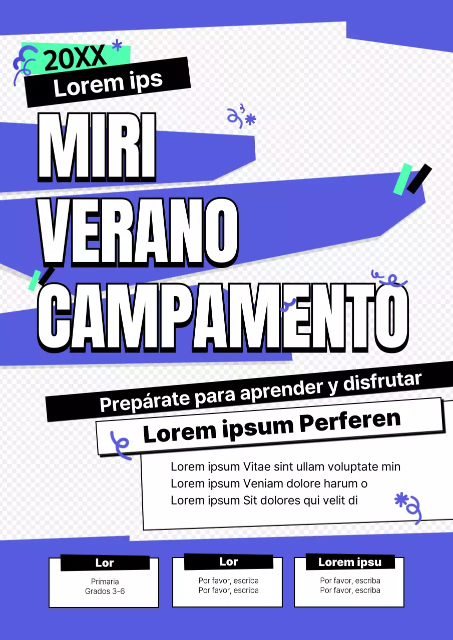 Limpio, burbujeante, geométrico campamento de vacaciones de la escuela de idiomas en azul y blanco, fresco y acogedor