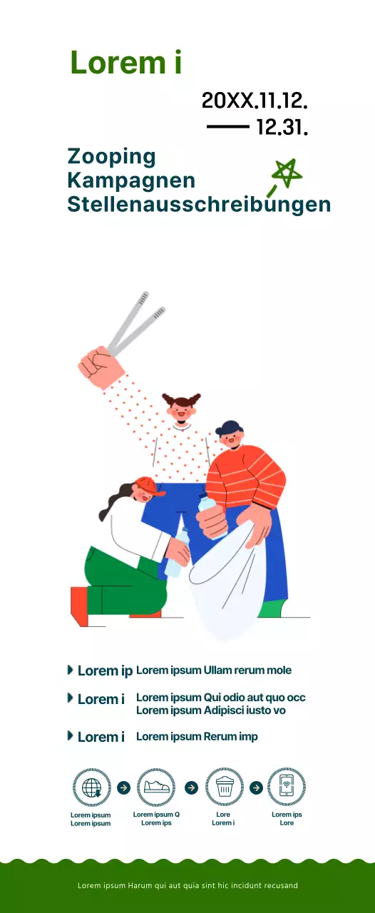 Eine einfache und niedliche Kampagne im Illustrationsstil in Marineblau und Grün.