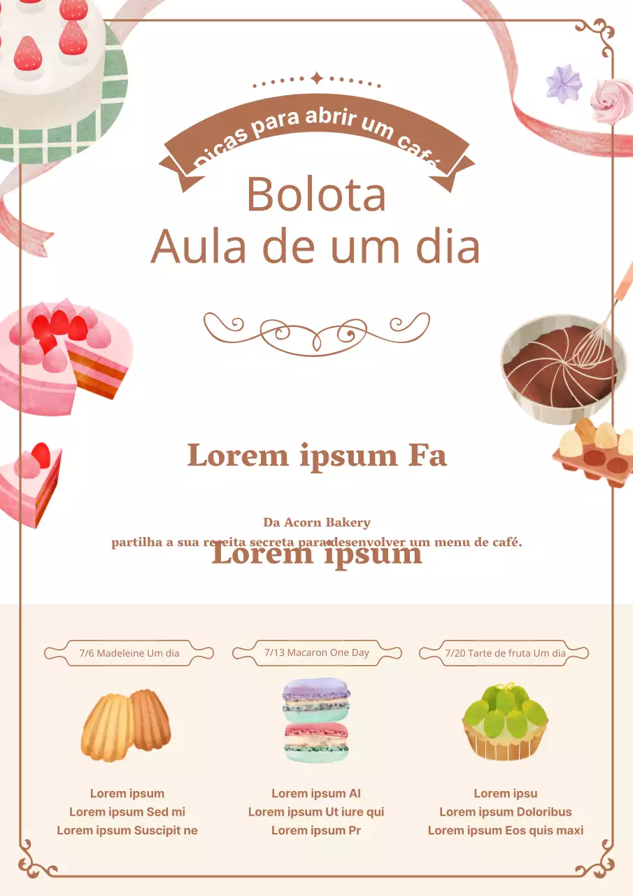 Promover um conceito suave e caloroso para aulas de culinária com ilustrações castanhas relacionadas com sobremesas