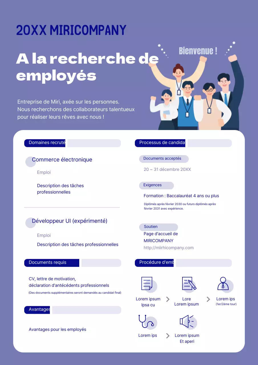 Affiches de recrutement vibrantes et violettes pour les nouveaux employés et les employés expérimentés.