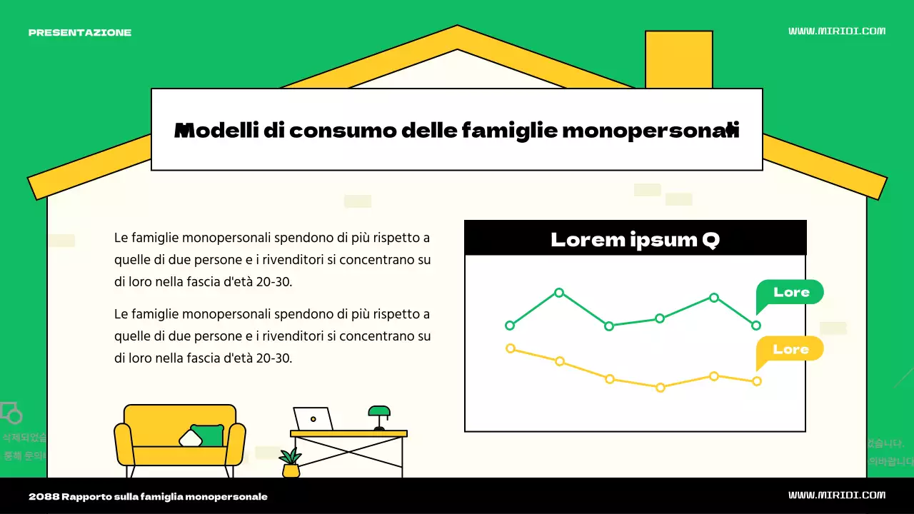 Vi presentiamo il simpatico tema dell'illustrazione della casa verde e gialla per una persona