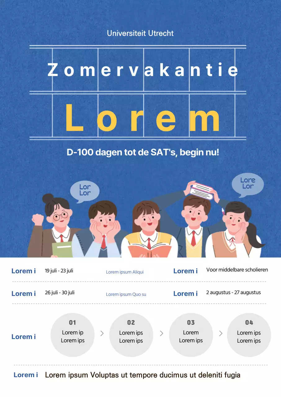 Verticale poster met blauwgetinte illustraties om zomer SAT prep school te promoten