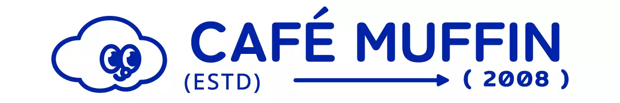 Uma ilustração simples e gira de um cupcake em azul-marinho com um logótipo de café em forma de emblema