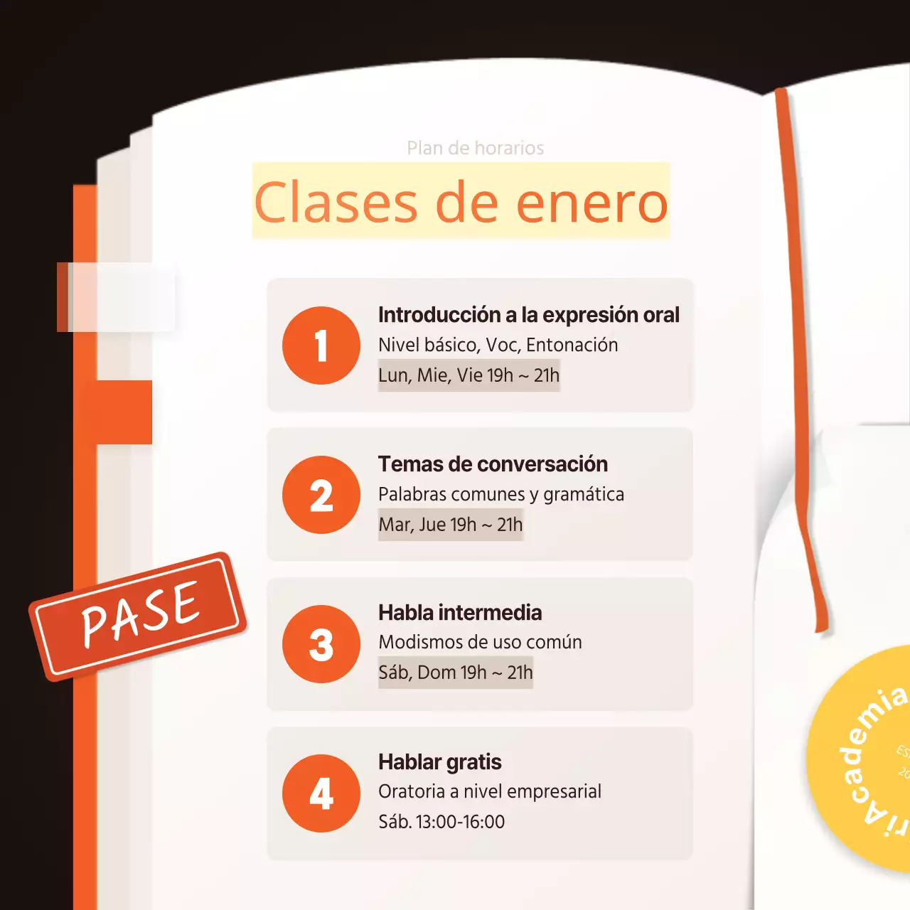 naranja amarillo marron libro ilustracion academia inglesa tarjeta publicitaria noticias