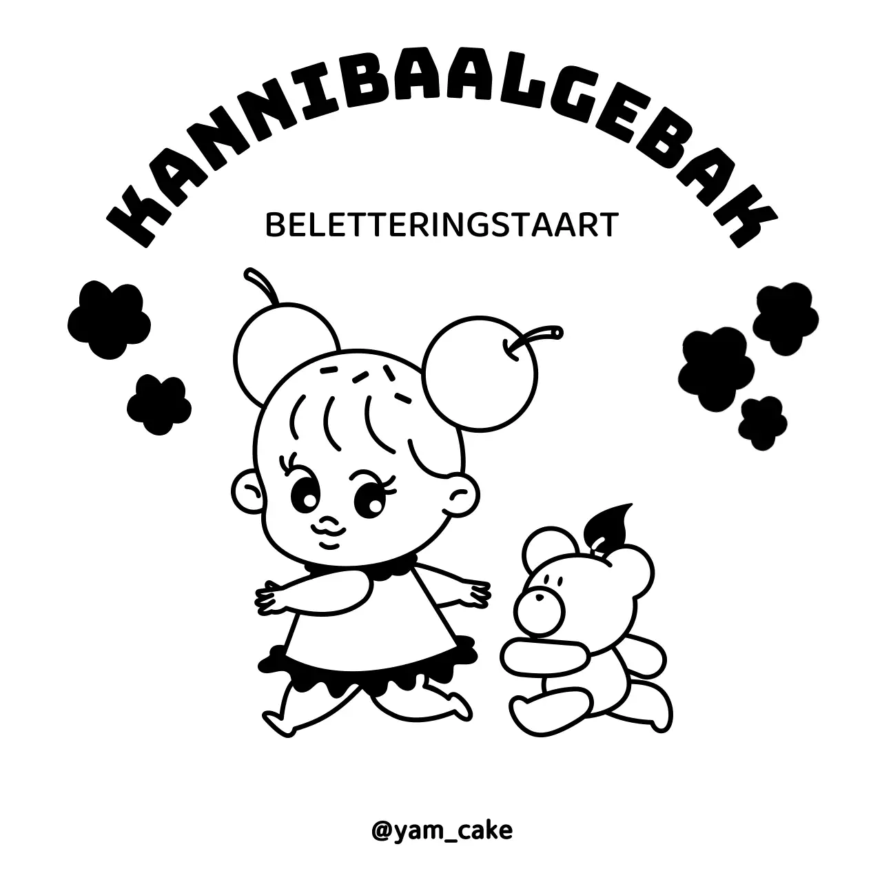 Handgemaakt lettering taartwinkel ontwerp met schattig klein meisje en beer illustratie in zwart