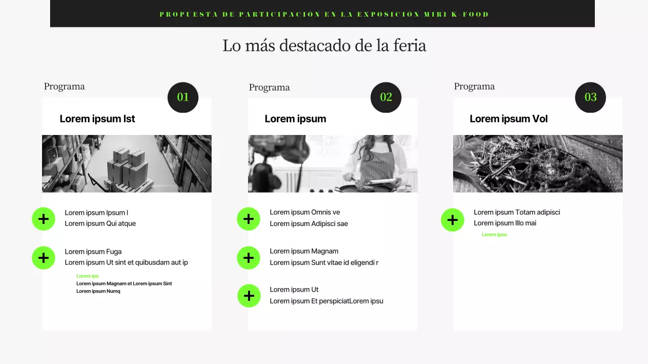 Propuesta corporativa de feria de alimentación moderna en negro y chartreuse