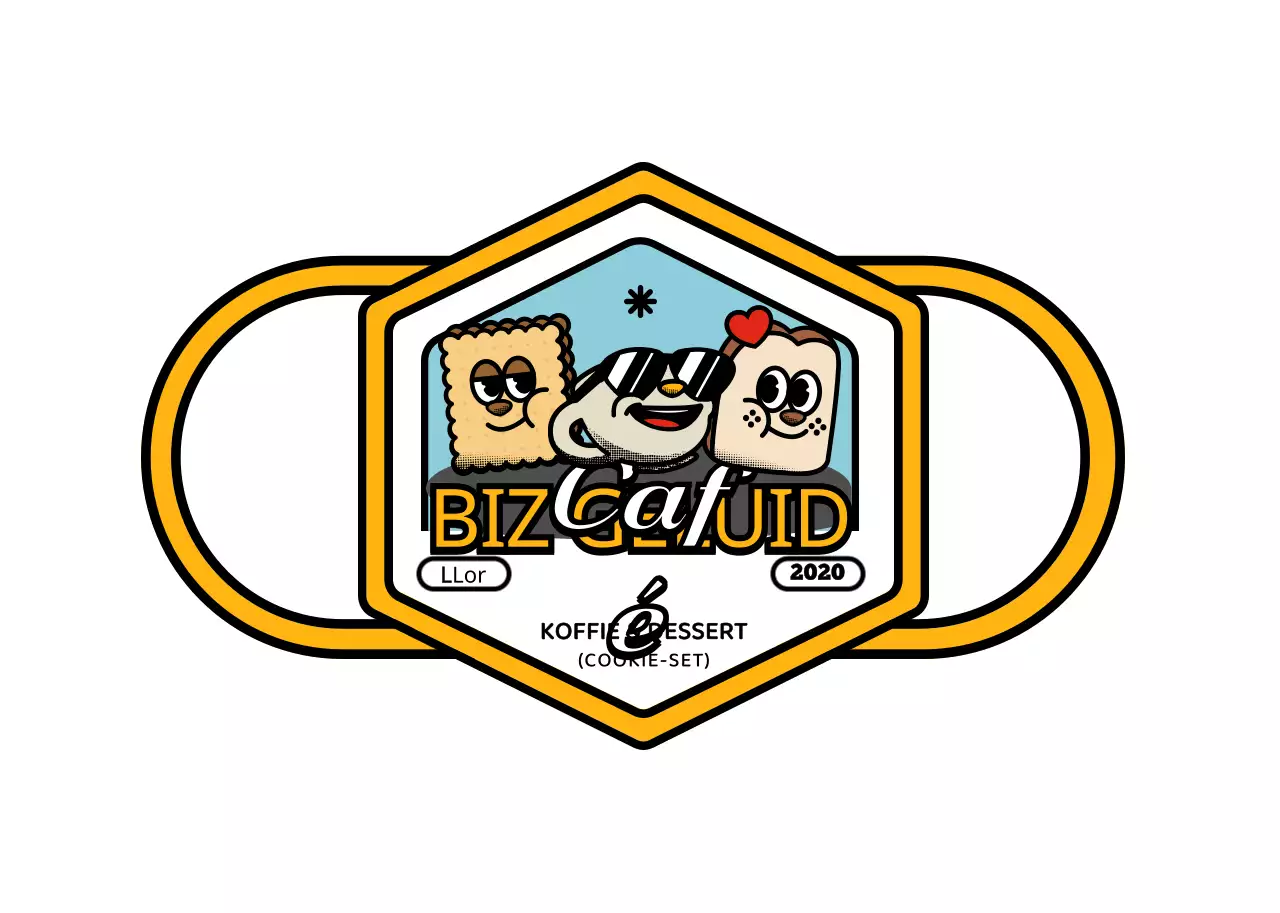 Een serie leuke en hippe café-artikelen in logo-stijl in geel en zwart.