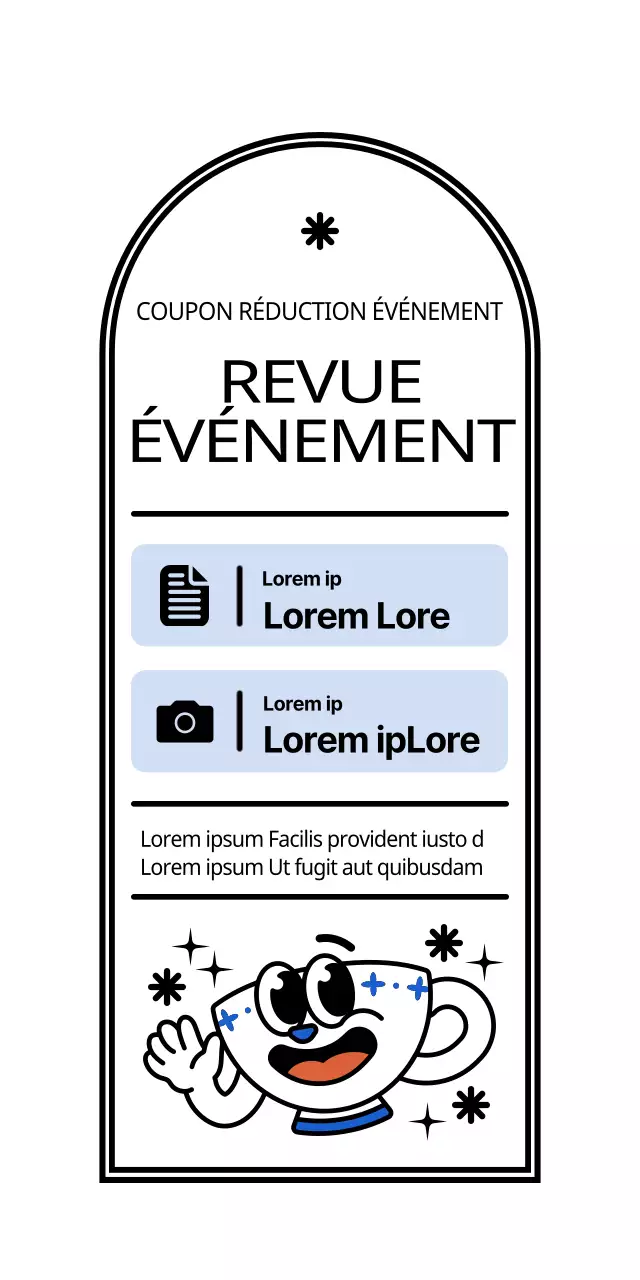 Tasse à café mignonne et branchée en blanc et bleu clair-noir avec des personnages Review Event Announcement