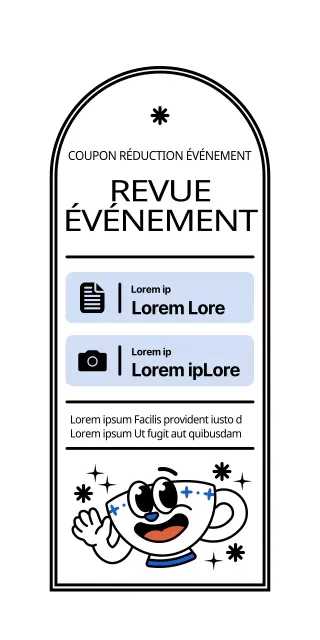 Tasse à café mignonne et branchée en blanc et bleu clair-noir avec des personnages Review Event Announcement