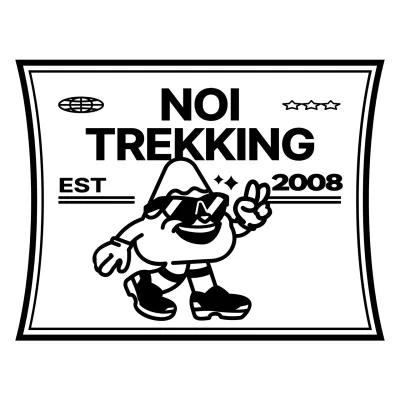 Combinazione di testo e personaggi di montagna carini e alla moda in bianco e nero Stile logo per la promozione e il merchandising di club di montagna.