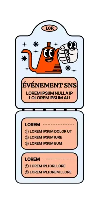 Annonce d'un événement dans les médias sociaux avec un personnage de cafetière mignon et branché en rouge et bleu clair