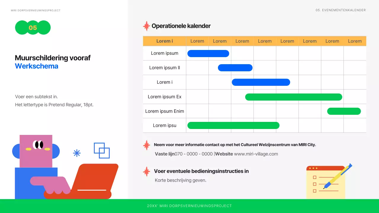 Planning van een tentoonstelling van schoon geïllustreerde muurschilderingen in wit, blauw en groen