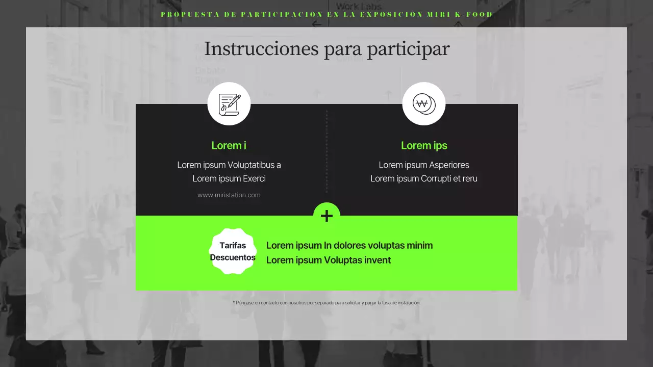 Propuesta corporativa de feria de alimentación moderna en negro y chartreuse