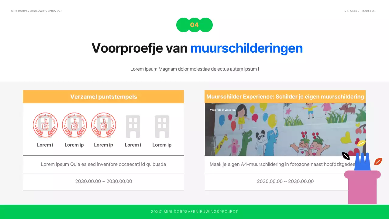 Planning van een tentoonstelling van schoon geïllustreerde muurschilderingen in wit, blauw en groen