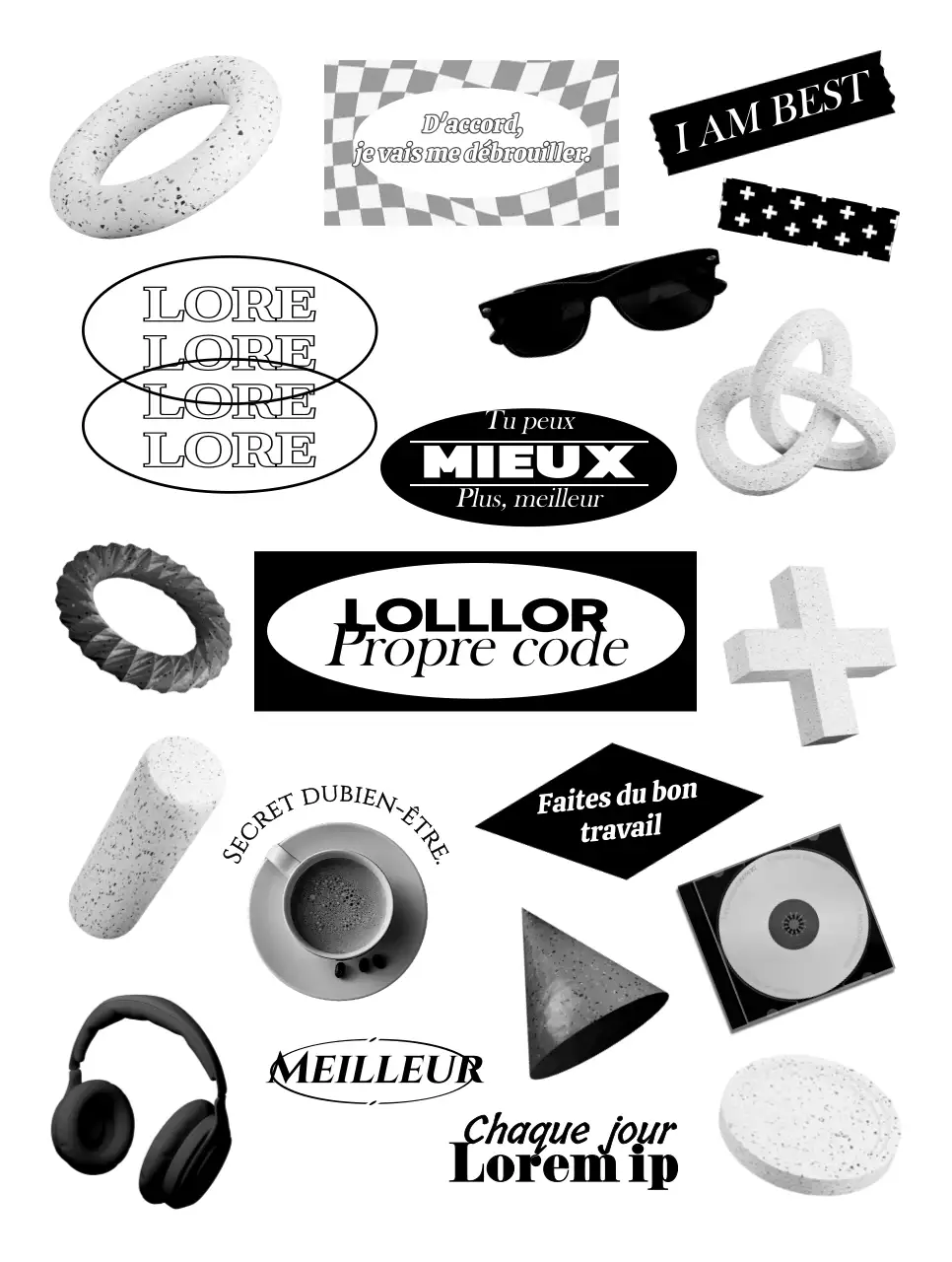 Divers objets et textes dans un concept hip en noir et blanc