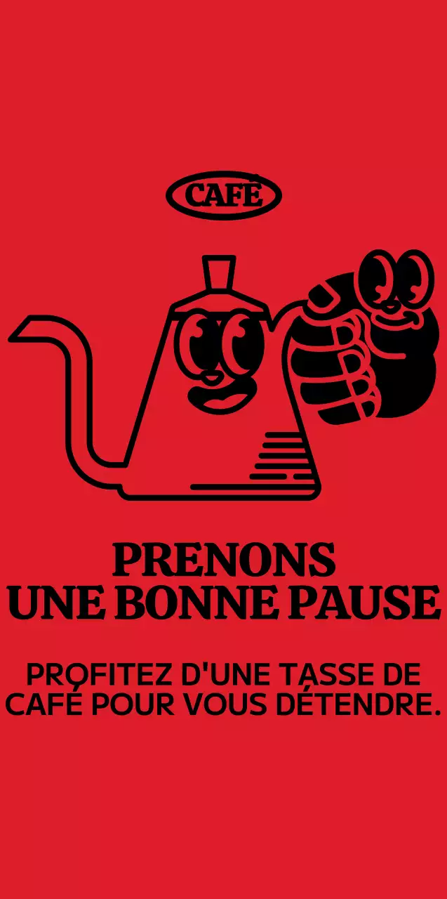 Cafetière mignonne et branchée et personnage de main en rouge et noir pour les produits dérivés des cafés.