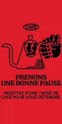 Cafetière mignonne et branchée et personnage de main en rouge et noir pour les produits dérivés des cafés.