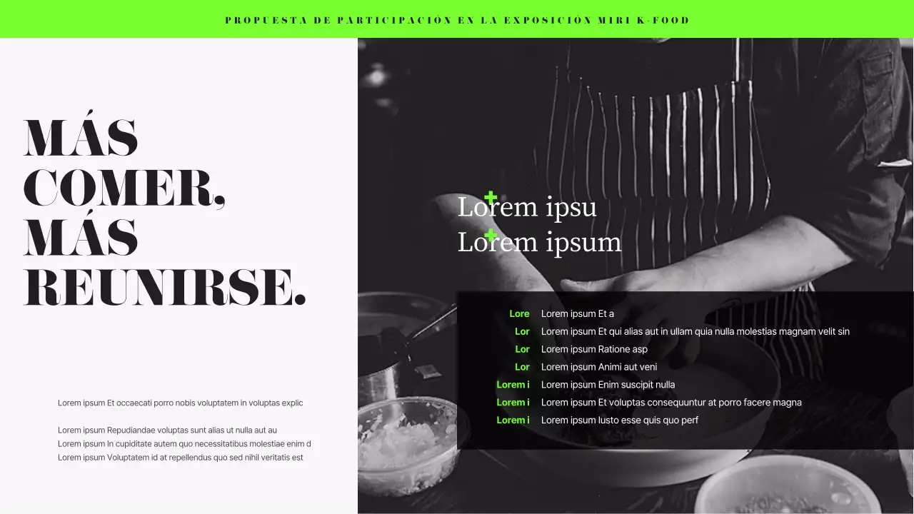 Propuesta corporativa de feria de alimentación moderna en negro y chartreuse