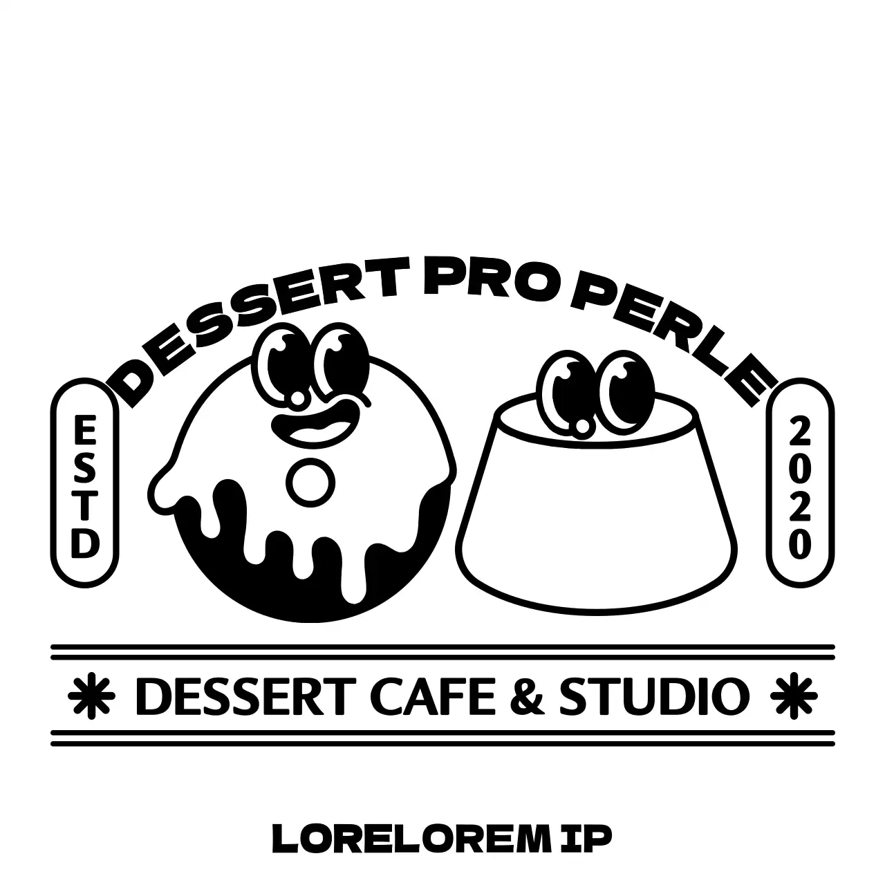 Bewerben und informieren Sie Ihr Dessertgeschäft mit einem Logo mit niedlichen und angesagten Donut- und Puddingfiguren