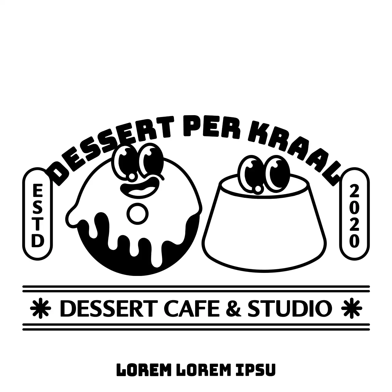 Promoot en informeer je dessertwinkel met een logo met schattige en hippe donut- en puddingfiguren