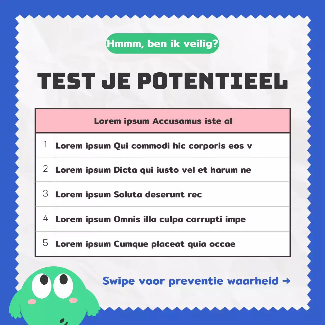 Een kitscherige blauwgroene illustratie introduceert het echte collega-type