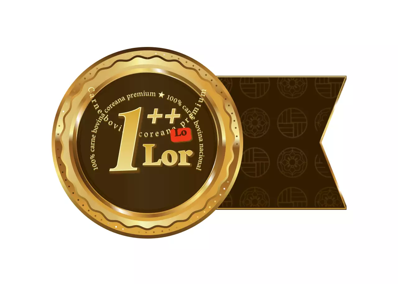 Um conceito brilhante e luxuoso de moldura medalhão em dourado e castanho Informações sobre a carne de bovino coreana de grau 1