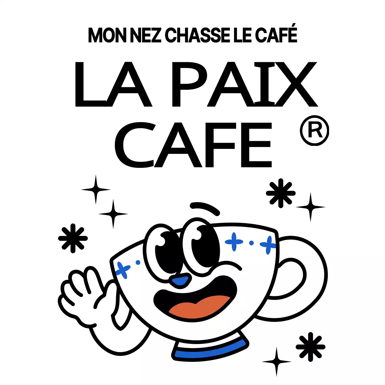 Combinaison de caractères et de textes en noir et bleu pour une tasse à café mignonne et branchée. Logo pour la promotion d'un café et la promotion d'une entreprise.