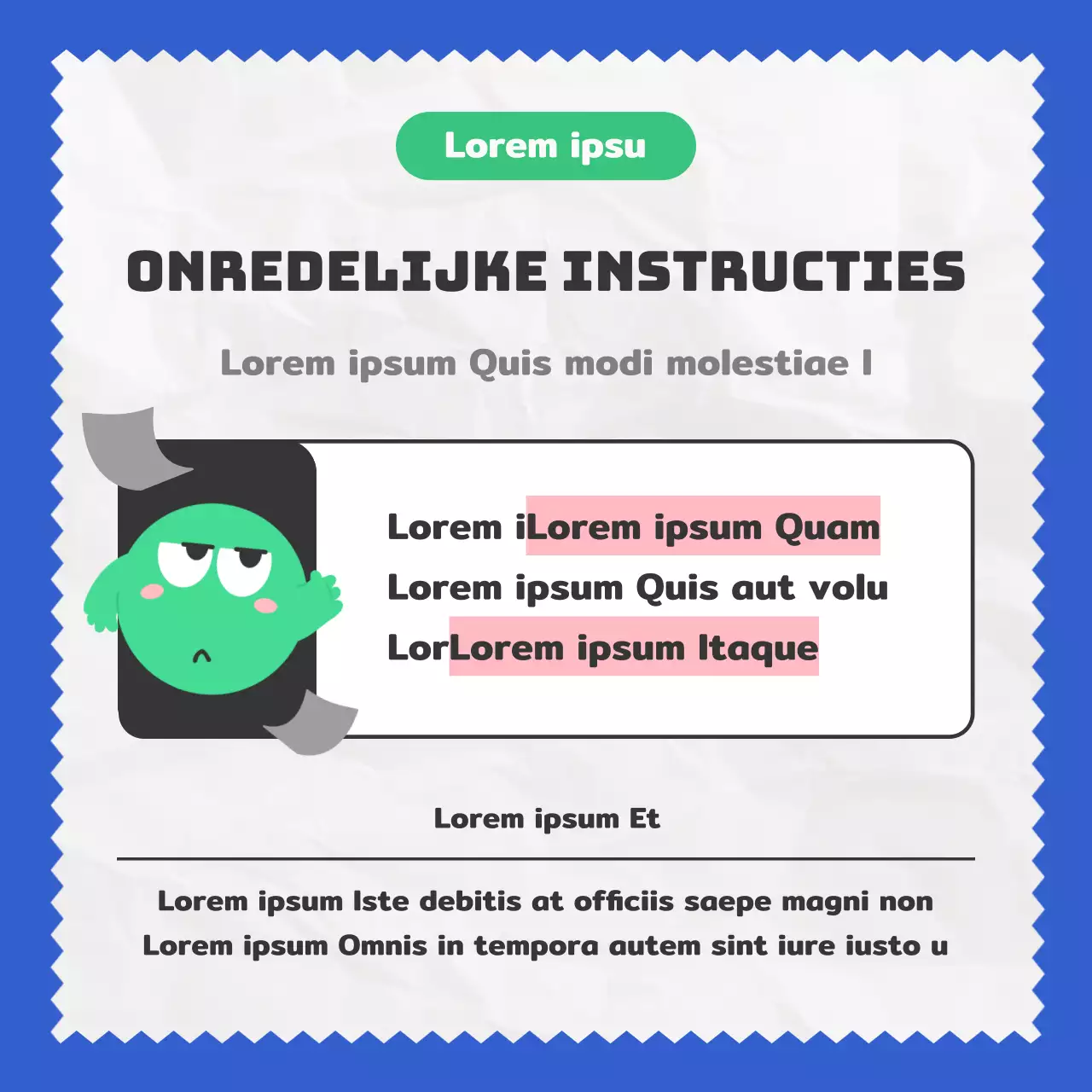 Een kitscherige blauwgroene illustratie introduceert het echte collega-type