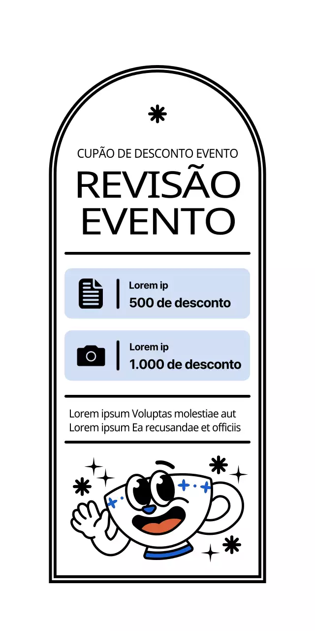 Uma caneca de café gira e moderna com um estilo de personagem branco e azul-preto claro Anúncio de evento de revisão