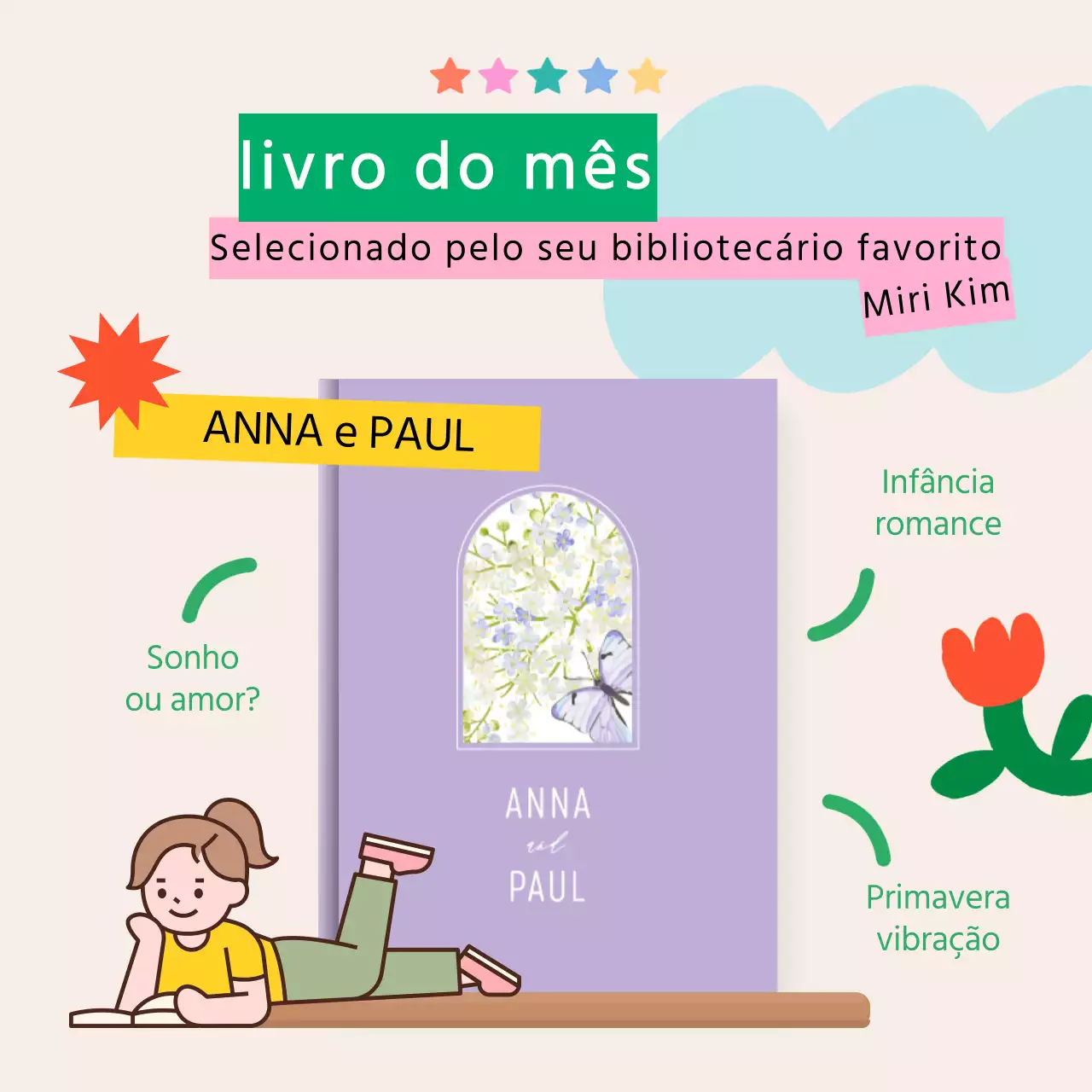 Recomendações de livros deste mês com um fundo bege e um tema bonito e luminoso V1