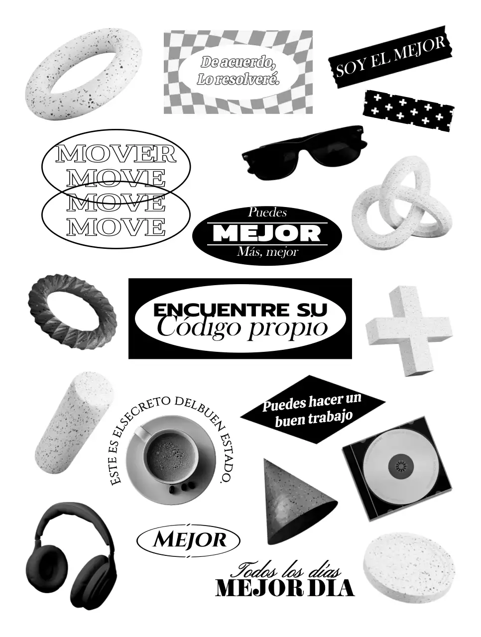Varios objetos y texto en un concepto de cadera en blanco y negro