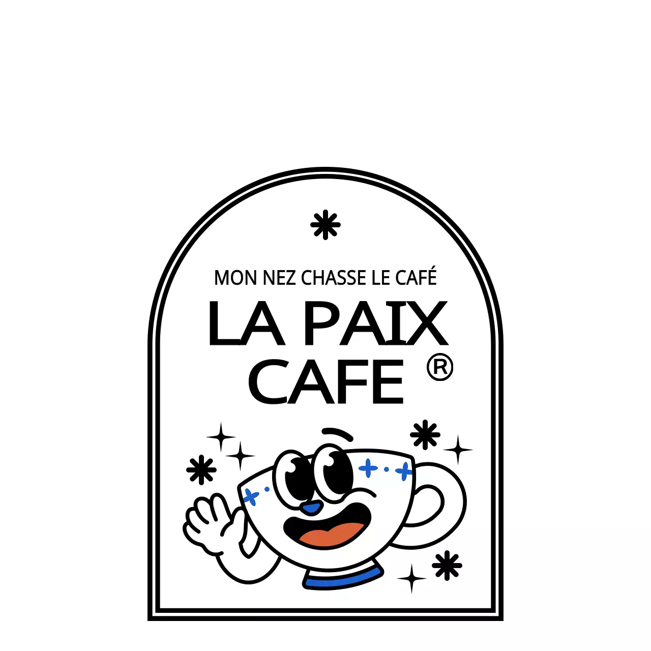 Tasse à café mignonne et branchée en blanc et bleu clair-noir avec des personnages Review Event Announcement