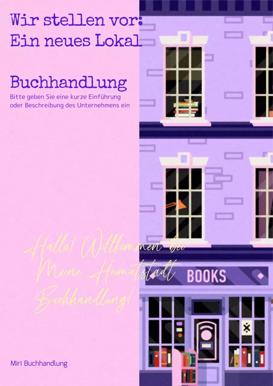 Die niedliche Buchhandlung in Rosa und Lila stellt sich vor