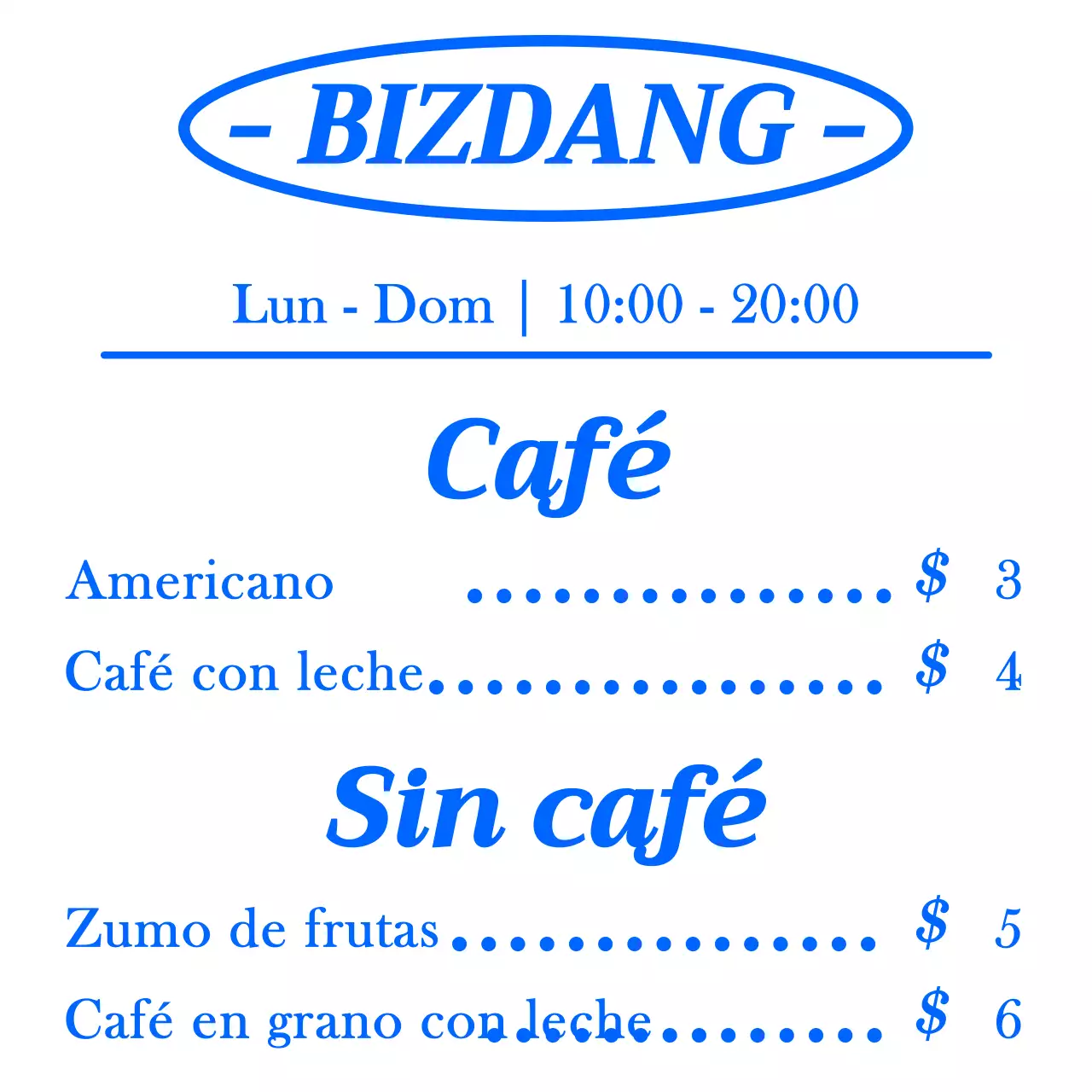Estilo de diseño sencillo y limpio con texto alineado en azul y blanco para un tablero de menú de cafetería para información y promoción.