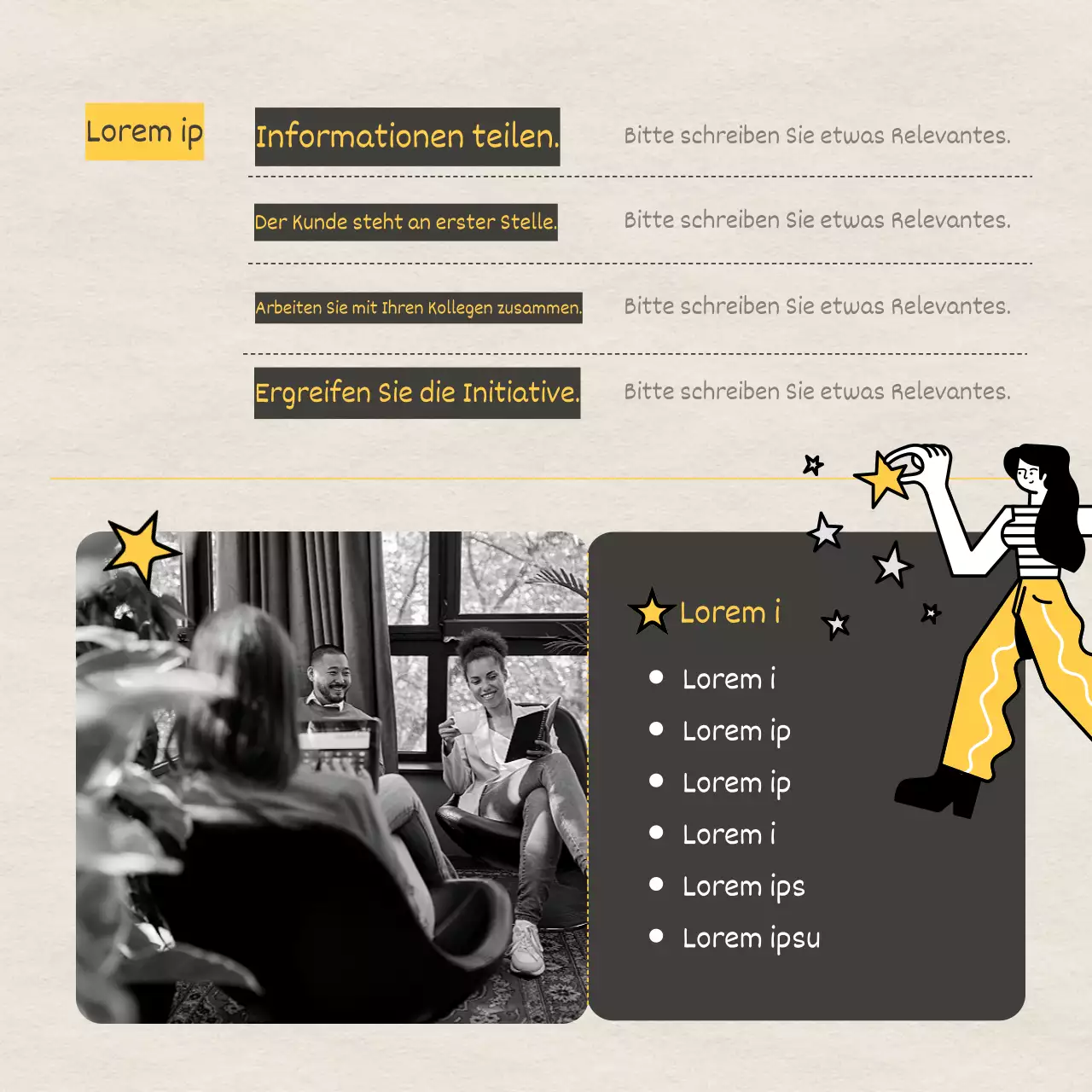 Stellenanzeige für ein Praktikum mit strukturiertem Papierhintergrund und gelber und schwarzer Illustration