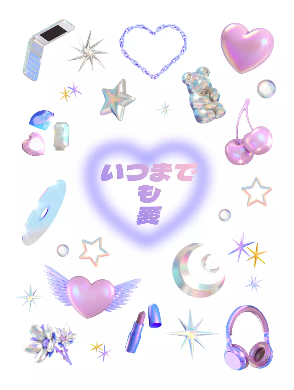 ピンクとパープルのきらびやかな3D Y2Kコンセプトの可愛らしい要素