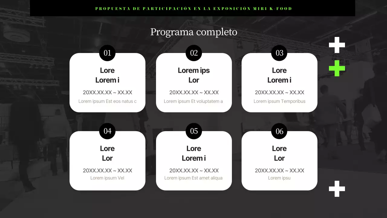 Propuesta corporativa de feria de alimentación moderna en negro y chartreuse