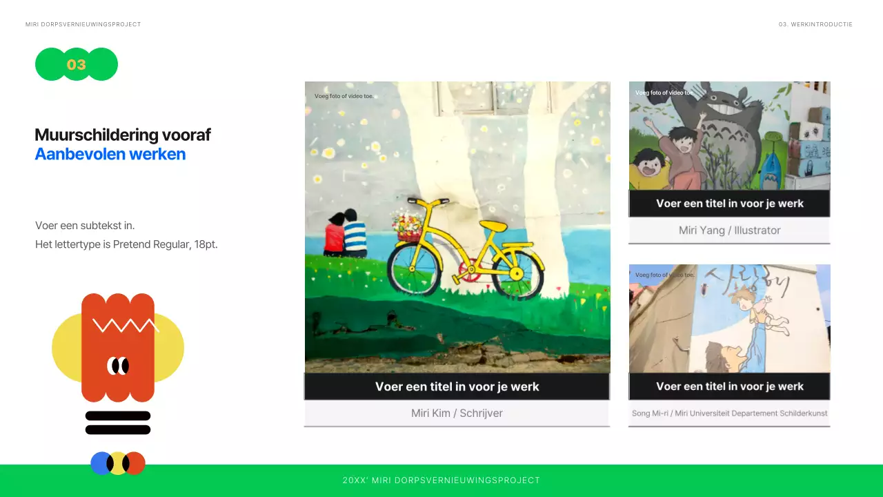 Planning van een tentoonstelling van schoon geïllustreerde muurschilderingen in wit, blauw en groen