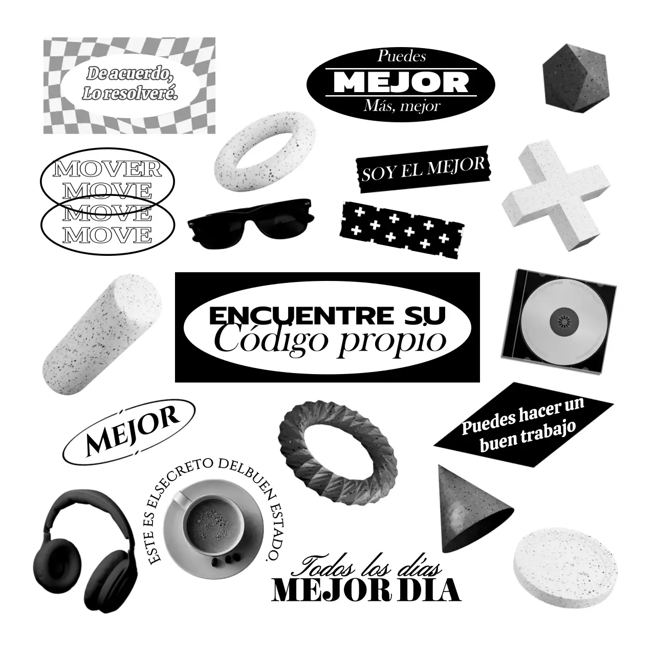 Varios objetos y texto en un concepto de cadera en blanco y negro