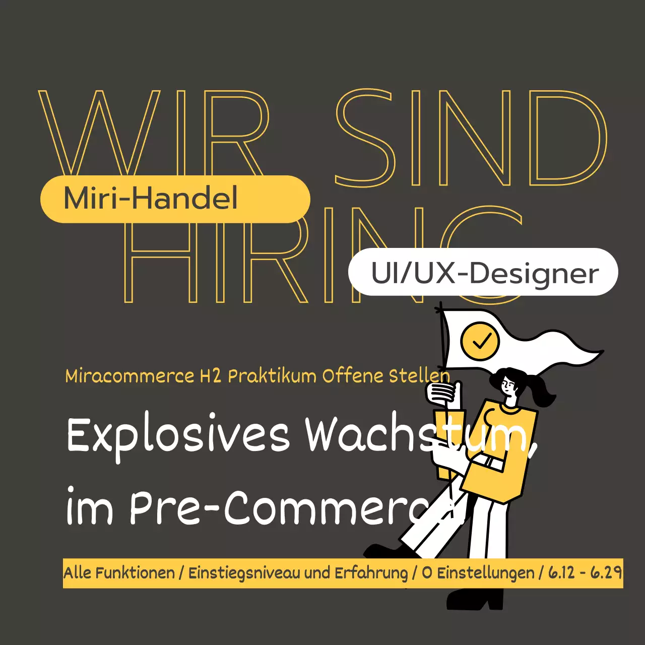 Stellenanzeige für ein Praktikum mit strukturiertem Papierhintergrund und gelber und schwarzer Illustration