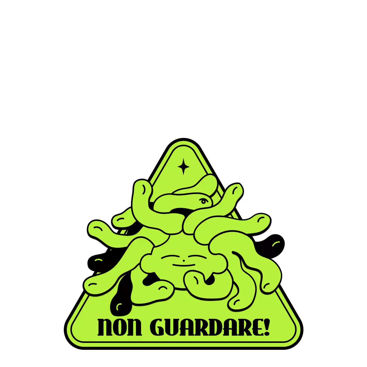 Personaggio carino e alla moda, stile illustrazione di Medusa, merchandising personalizzato in verde lime e nero.