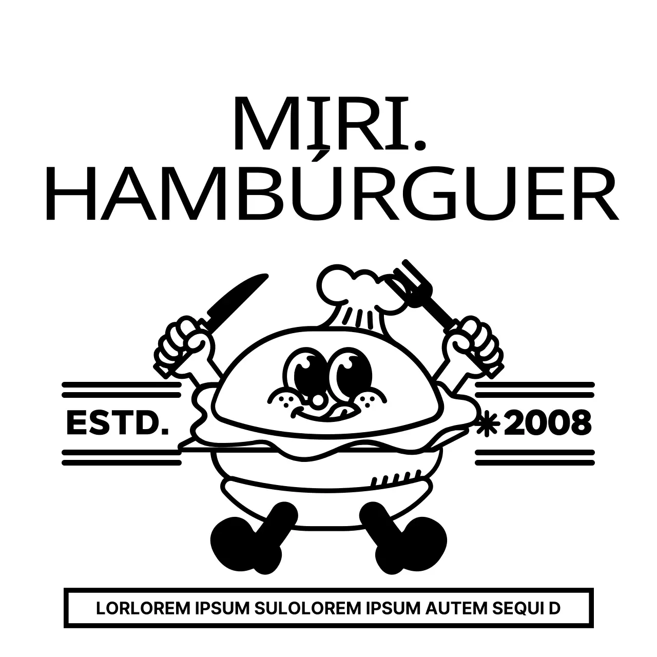 Promova e informe a sua hamburgueria com um logótipo de ilustração de uma personagem de hambúrguer gira e moderna