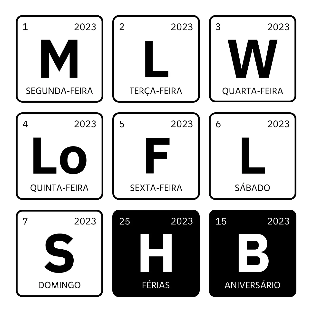 Desenho de data e dia com um conceito de tabela periódica a preto e branco