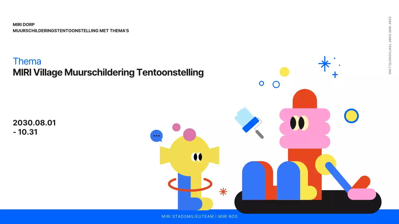 Planning van een tentoonstelling van schoon geïllustreerde muurschilderingen in wit, blauw en groen