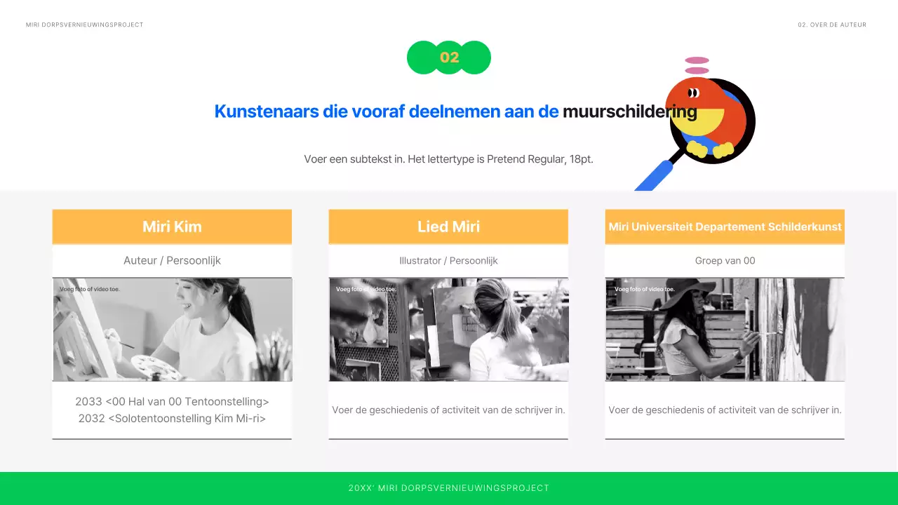 Planning van een tentoonstelling van schoon geïllustreerde muurschilderingen in wit, blauw en groen