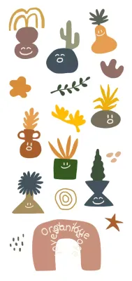 Personnages et formes organiques minimalistes en pot aux expressions variées dans des couleurs sourdes
