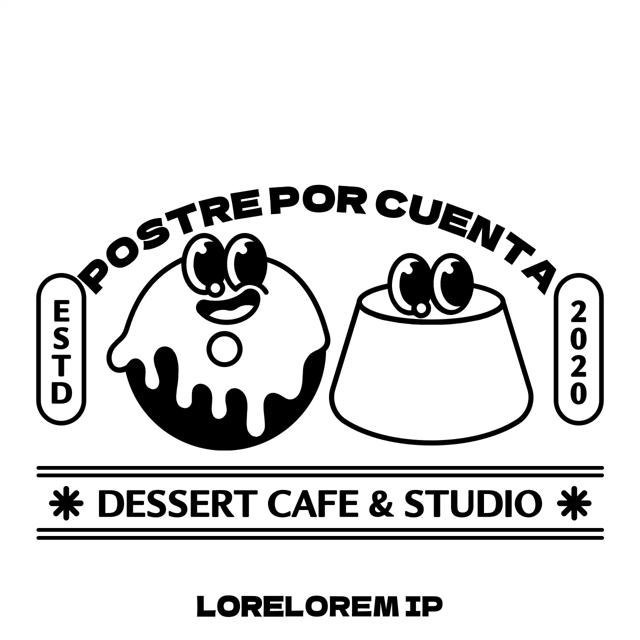Promocione e informe a su tienda de postres con un logotipo con simpáticos y modernos personajes de donuts y pudding.