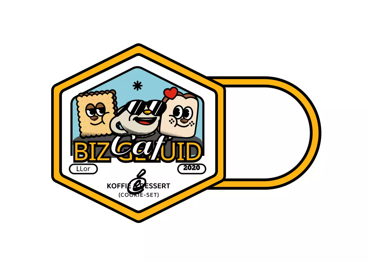 Een serie leuke en hippe café-artikelen in logo-stijl in geel en zwart.